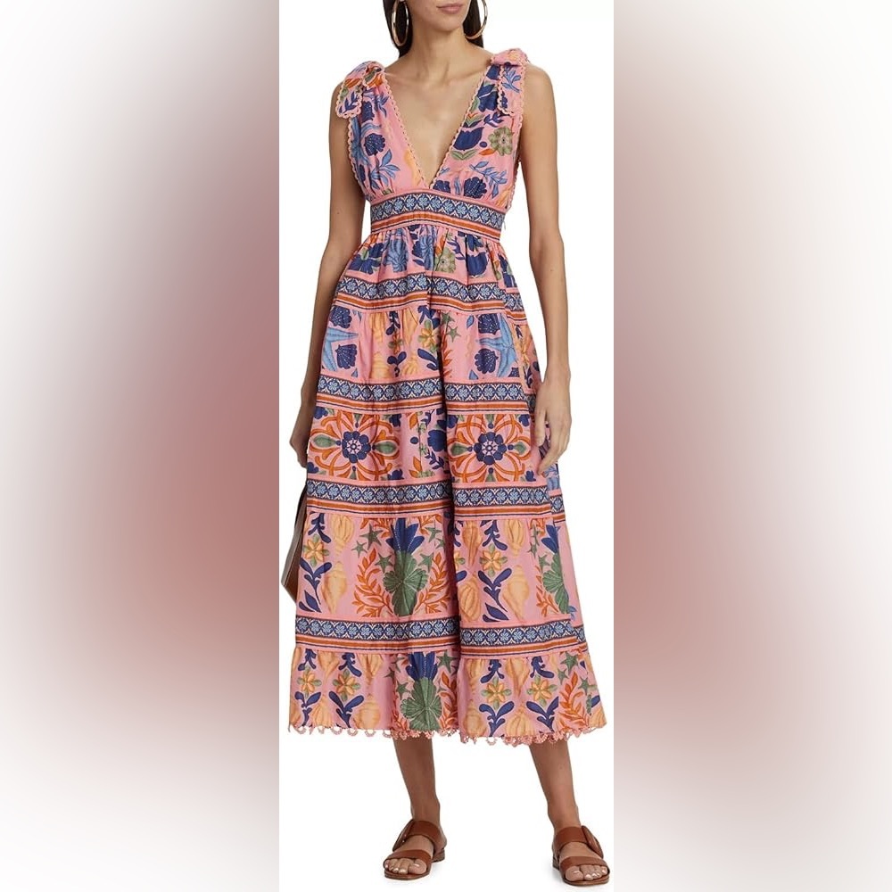 FARM Rio Seashell Tapestry Pink Midi-Dress
